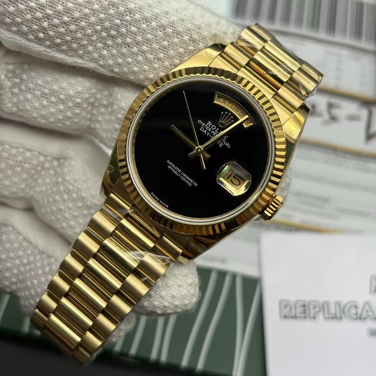 34f17273cf931b7dd1cbafcf129ea865 Rolex Day Date President Gold Replica - Black Dial - Image 2