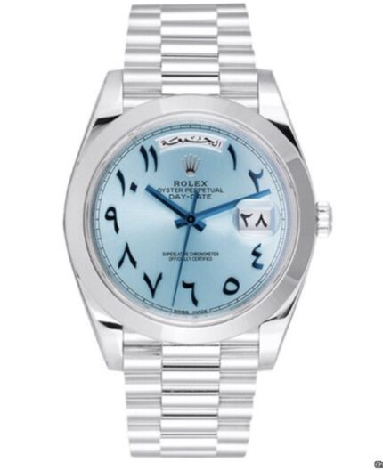Clon Suizo Replica Rolex Day Date Azul Hielo Esfera Arabe Platino