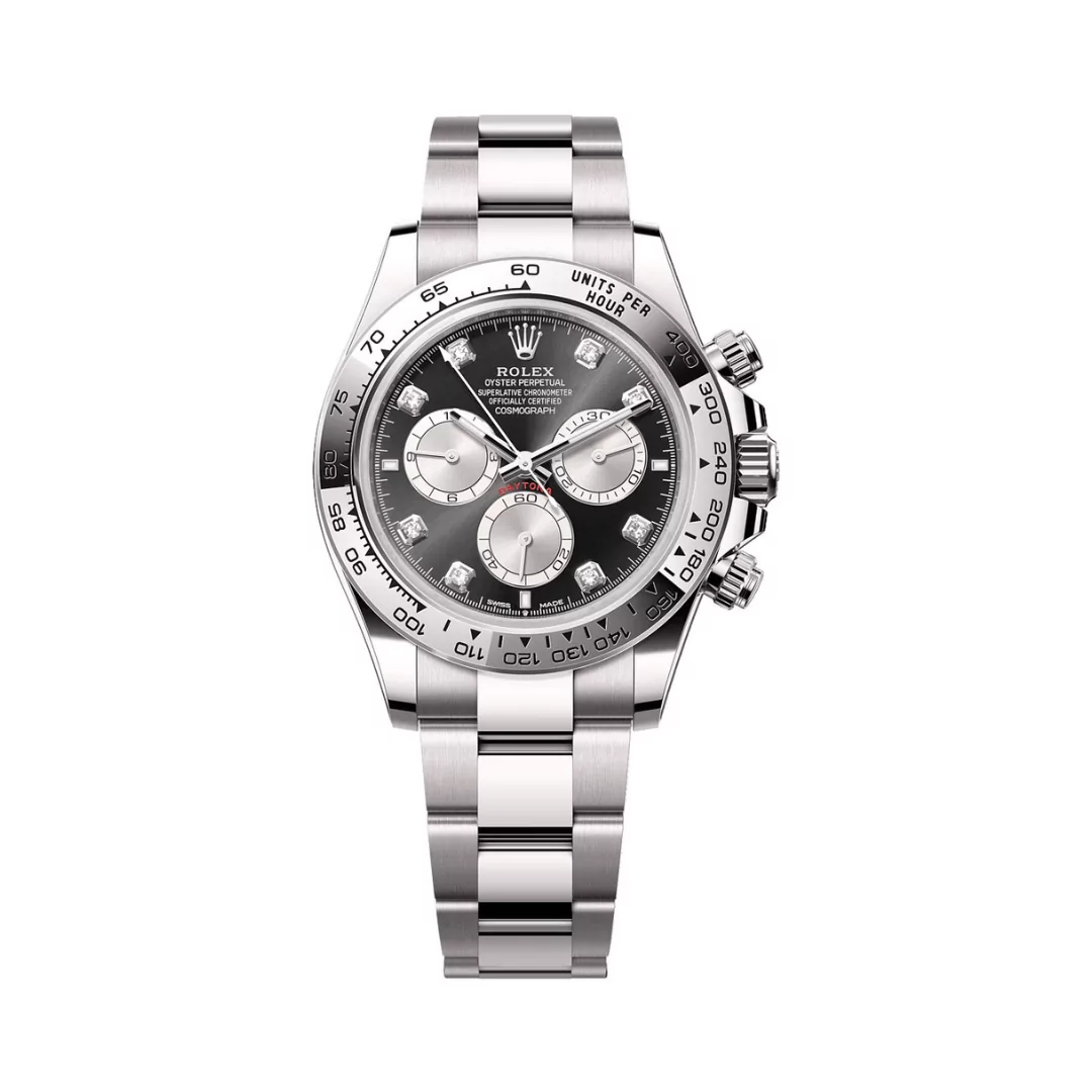 Rolex-Cosmograph-Daytona-126509-0002.png.webp Replica Rolex Cosmograph Daytona White Gold Black Dial Diamond Markers 40mm - Image 1